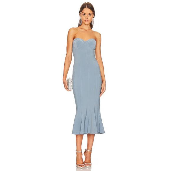 Norma Kamali Strapless Corset Midi Dress in Soft Blue - Picture 1 of 3